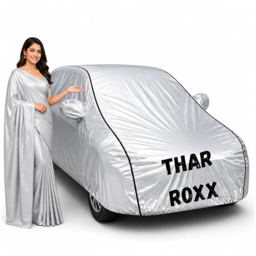Image of Waterproof Car Body Cover for Thar Roxx All Weather Protection Comes with Inner Cotton Lining & Triple Stitched with Mirror & Antenna Pocket Belt & Elastic Fit Metallic Silver with Black Piping1