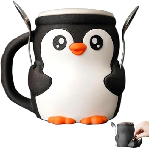 Ataoyus Bonito soporte de pinta de helado de pingüino, impresión 3D Pebbles The Penguin Ice Cream Pint Contenedores con mango anticongelante y dos cucharas, a prueba de fugas, funda acogedora para