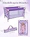 BABESIDE Baby Doll Crib Set for 18 Inch Dolls, Foldable Baby Doll Bed Playpen Toy Crib with Storage Bag for Reborn Baby Doll Accessories, Purple Babydoll Pack and Play