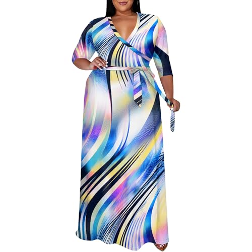 Image of SUZONANA Plus Size Maxi Dresses for Curcy Women Casual Loose 3 /4 Sleeve Long Dress with Belt