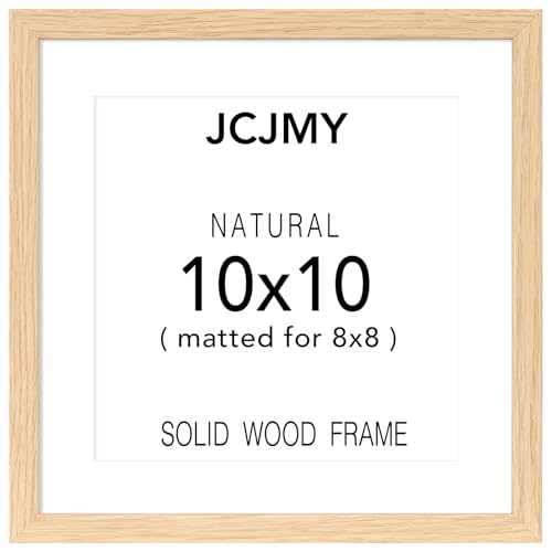 JCJMY 10x10 Picture Frame Made of Natural Solid Wood Display 8x8 with Mat or 10 x 10 without Mat Wooden 10 by 10 Photo Frame with Shatter Resistant Plexiglass for Wall Hanging Natural 1 Pack