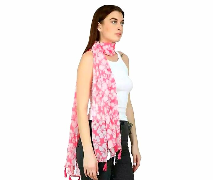 CLOTHEINGHUB Pink Floral Print Beautiful and Soft Chiffon Stole for Women with Tassels-image-41