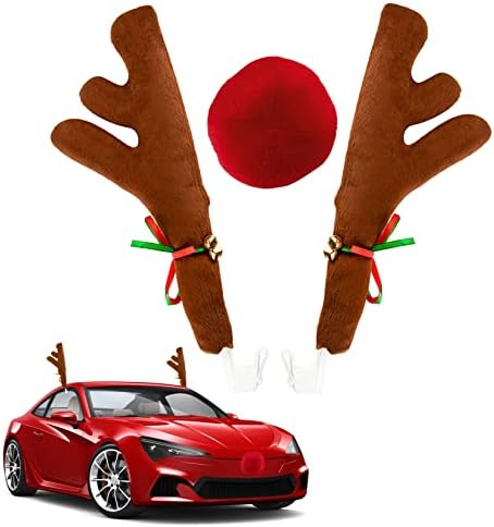 FULLIVE Car Reindeer Antlers Nose, Christmas Window Roof-Top & Grill Rudolph Reindeer Kit Auto Jingle Bell Car Costume Holiday Decoration for Car SUV Van, Easy to Install