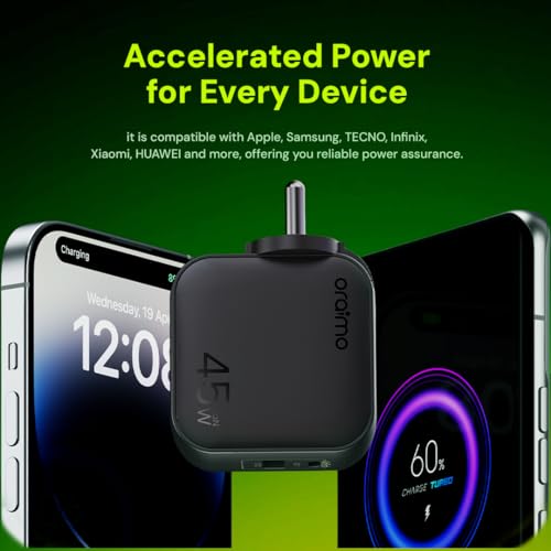 Image of Oraimo 45W GaN Fast Charger with Type-C Cable 60W, Dual Port USB-C + USB-A Wall Charger Adapter, PD 3.0 & QC Fast Charging for Smartphones, Tablets and Laptops