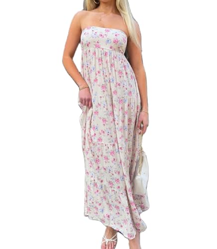 Image of Women Floral Print Maxi Tube Dress Strapless Flowy Long Bandeau Dress Y2K Open Back Sundress Summer Beachwear