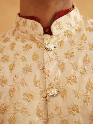 Image of SOJANYA (Since 1958 Men's Silk Blend Maroon Kurta & Off White Pyjama with Beige Nehru Jacket