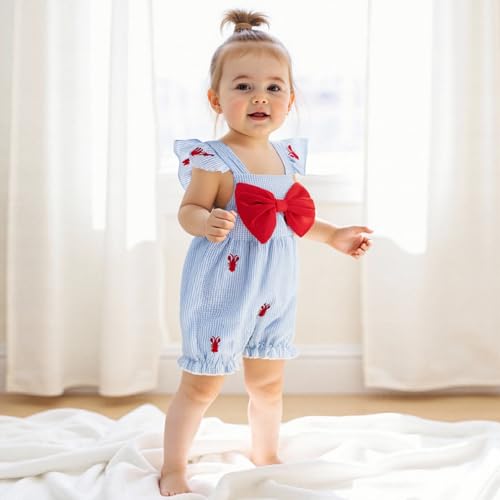 Newborn Baby Girl Summer Clothes Lobster Embroidery Flying Sleeve Bow Seersucker Jumpsuit Infant Crawfish Romper2