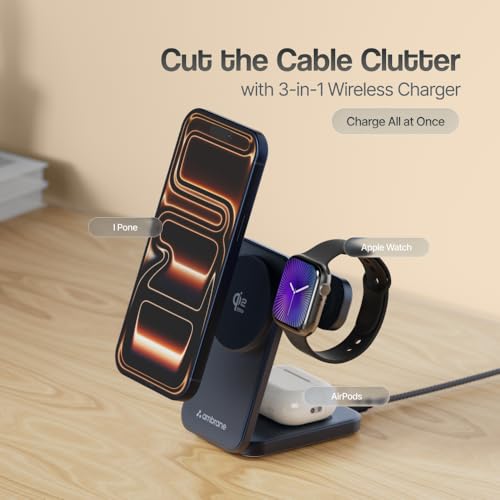 Image of Ambrane Qi2 Magsafe Wireless 3-in-1 Charger for iPhone, Airpods&Apple Watch, Qi2 Certified Fast Charging, Premium&Foldable Design, for iPhone 17 /16 /15 /14 /13 /12 Series (AerosynQ Trio 3, Blue)