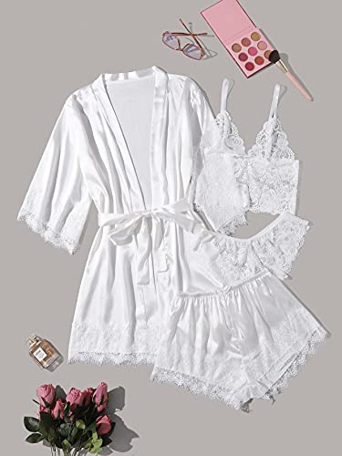 Wdirara Women' Silk Satin Pajamas Set 4Pcs Lingerie Floral Lace Cami Sleepwear With Robe Snow White M #TOP5