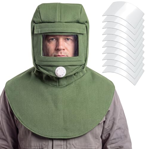 Jecery 11 Pack Sand Blasting Hood Mask with Replacement PC Lens Canvas Shawl Cap for Polishing Painting Dusting Grinding (Short Green)