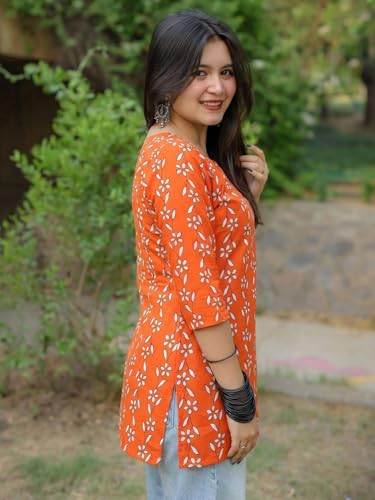 Image of Pinkmint Women's Printed Cotton Blend Short Kurti l All Over Printed V-Cut Neckline Casual Wear Tunic Top's l Ethnic Top's for Girls