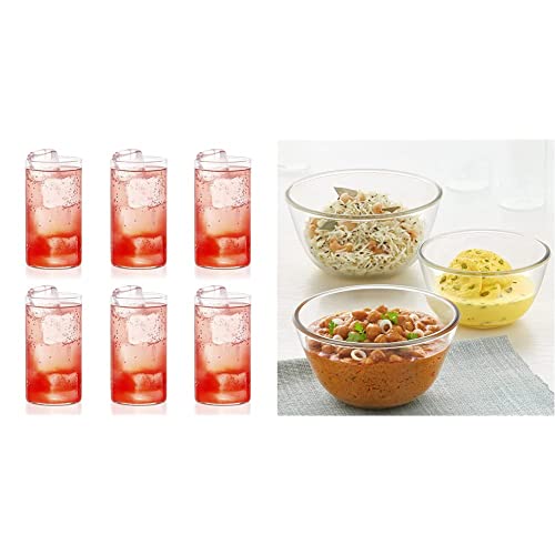 Image of Borosil Vision Glass Set, 350ml, Set of 6, Transparent & Glass Mixing Bowl - Set of 3 (500 ML + 900 ML + 1.3L) Oven and Microwave Safe Combo