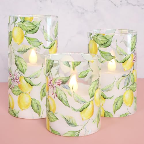 Image of Lemon Glass Flameless Candles with Remote Timer Battery Operated LED Flicker Real Wax Pillar Candles Spring Summer Lemonade Party Kitchen Table Dinner Christmas Holiday Decor D3 x H4, 5 inch, 6 inch