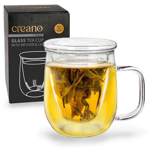 Creano Teeglas 450ml - Große Teetasse mit Sieb und Deckel aus Glas - ein idealer Teebereiter