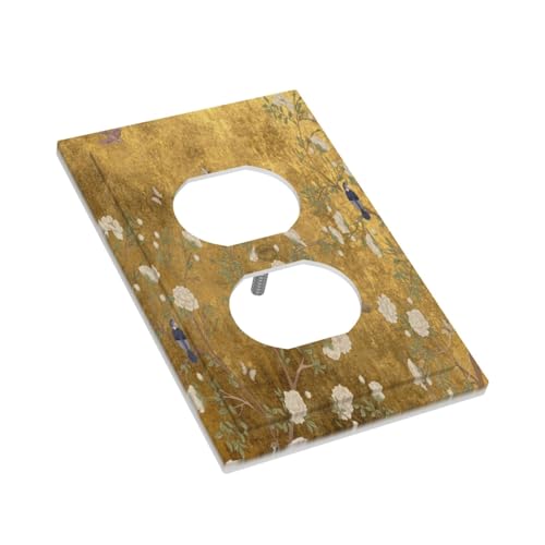 Decorative Outlet Covers Vintage White Flowers Birds on Golden Background 1 Gang Duplex Light Switch Cover Plate Unique Wall Plate Electrical Switch Plate Covers for Bedroom Decor
