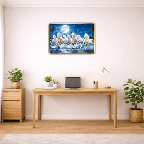 Image of XOPY Seven Running Horses with Golden Frame | Vastu 7 horses Raw Pyrite Painting for Home, Office & Living Room Wall Decore | 12X18 Inch Sparkle Laminated Frame | Best For Gifting (53319, 12X18)