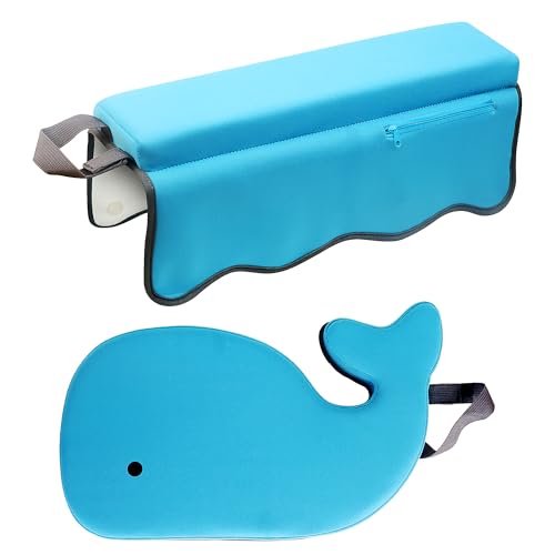 Whale Baby Bath Kneeler and Elbow Rest Set – Extra Thick Padded Cushion – Waterproof Non-Slip Mat with Storage Pockets – Bathtime Safety – Baby Shower or Registry Gift for Moms and Dads (Blue)