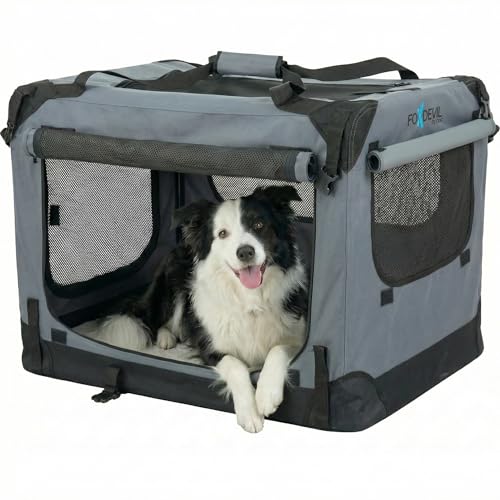 Foxdevil by xonic® Faltbare Hundebox/Katzenbox für mittelgroße Tiere – Hundetransportbox Auto und Zuhause – Transportbox Hund – Hundebox Auto Kofferraum (Grau, XL)