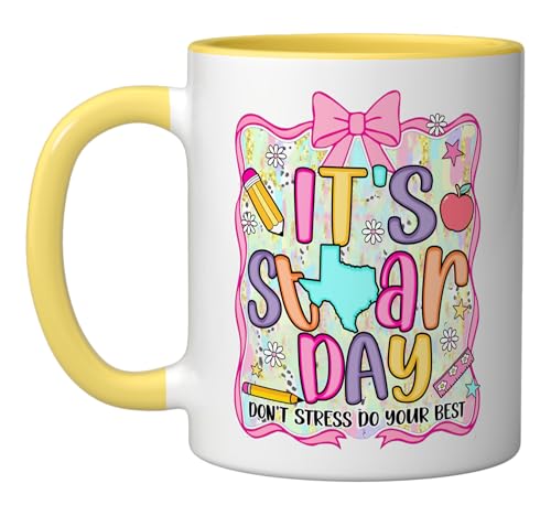It's Staar Day Dont Stress Do Your Best Test Day Teacher Bow Ceramic Mug, Yellow/White