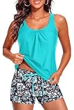 Aqua Eve Two Piece Women's Tankini Swimsuits Blouson Swim Tank Top with Shorts Modest Bathing Suits Blue Green Flower XL