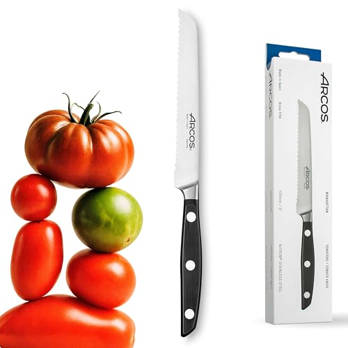 Arcos Coltello da Pomodoro Forgiato in Acciaio Inossidabile – Manico Ergonomico in Polipropilene POM, Lama Speciale da 130 mm – Serie Manhattan, Colore Blu