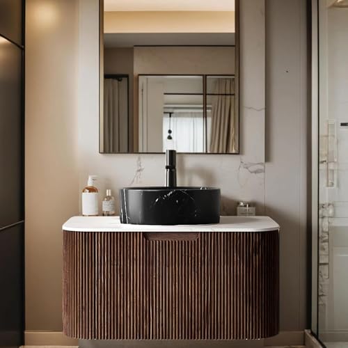 30" Floating Bathroom Vanity with Sink, Natural Solid Wood Modern Storage Cabinet with Ultra-Thin Stone Pattern Ceramic Basin and Marble Top, Soft-Close Drawer, Pre-Assembled, Dark Walnut