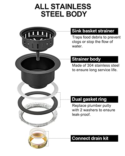 Botemy B9171 Black Kitchen Sink Drain Kit 3 1/2 Sink Strainer For Kitchen Sink With Stainless Steel Strainer Stopper Drain Assembly Basket Strainer Fit Standard Sink Drain Hole #TOP4