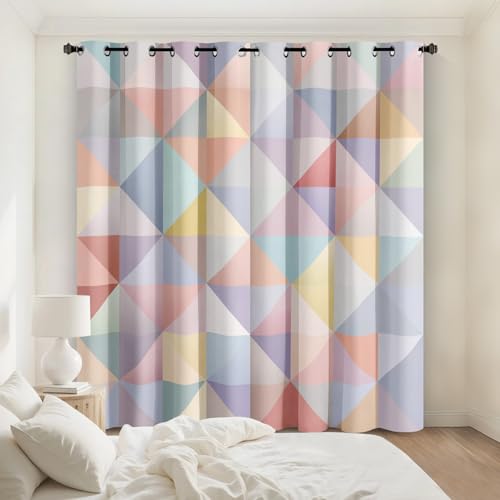 Générique Rideau Occultant Géométrique Pastel, Rideaux Motif Triangle Coloré Fille pour Decoration Salon Chambre Fenetre, Draperies Intérieurs à Oeillets Lot de 2, L 117 x H 137 cm K070
