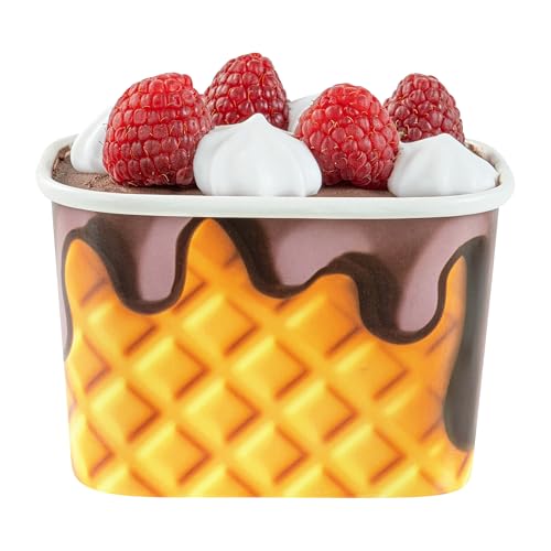 Image of Restaurantware Paper Cups 50 Count 12 Ounce Square Disposable Ice Cream Containers, Leak-Resistant Paper Dessert To Go Cups, Hot And Cold Food, Durable Chocolate Drizzle Design