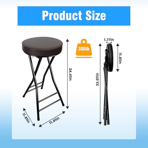 Image of Folding Bar Stool,24 Inch Tall Foldable Stool Chair,Counter Height Cushioned Leather Padded Portable Stools,Heavy Duty Collapsible Stools for Kitchen Island Garden Camping Brown