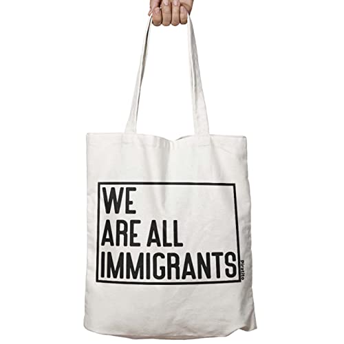 WE ARE ALL IMMIGRANTS natural cotton canvas tote bag, IN YOUR CHOICE OF NATURAL OR BLACK