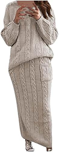 Sweater Suit for Womens Knitwear Tops Dress Two Pieces Set Oversized Long Sleeve Cable Knitted Pullover Skirt Set Beige