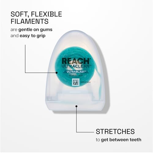 REACH® ULTRACLEAN ULTRABLAST, Cool Mint Dental Floss, Plaque Remover for Teeth, Shred Resistant, Waxed, Easy on Gums & Teeth, Fresh Breath, Oral Care, PFAS Free, for Adults & Kids, 3 PK, 25 YD