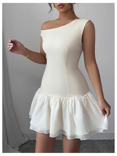 Image of Verdusa Women's Color Block Ruffle Off Shoulder Dress Drop Waist Layered Mesh Mini Dress