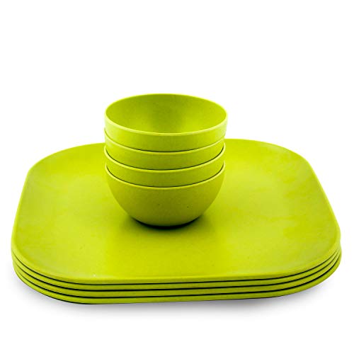 Décor EcoLite Bamboo Dinner Set | Non Toxic Reusable Dinner Set for Couples | 8 Piece Eco-Friendly Dinnerware Gift Set – 4 Small Plates & 4 Bowls (Katoris), Lime