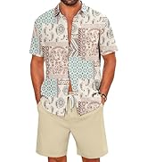LecGee Men's Hawaiian 2 Piece Shirts and Shorts Set Summer Beach Matching Set Outfits Summer Trac...