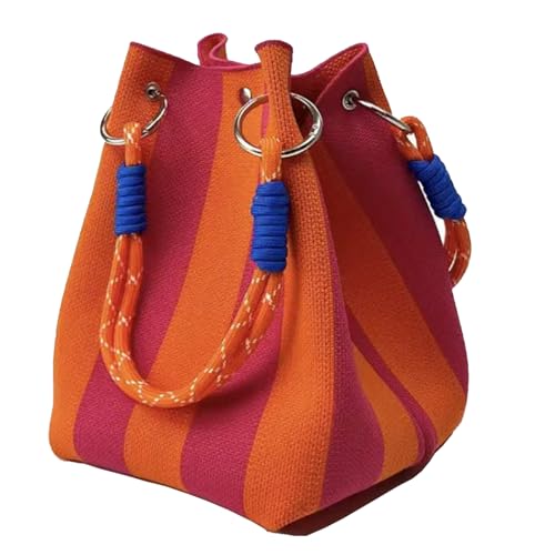 Striped Knit Bucket Handbag, Rope Handle, 6.3 x 5.9 inches,small