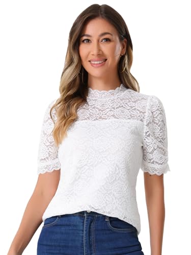 Haut en dentelle pour femme Allegra K à manches courtes bouffantes et col montant chic