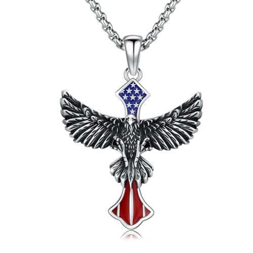 Eagle Necklace for Men 925 Sterling Silver American Flag Cross Necklace American Eagle Cross Patriotic Pendant Independence Day Jewelry for Men Women