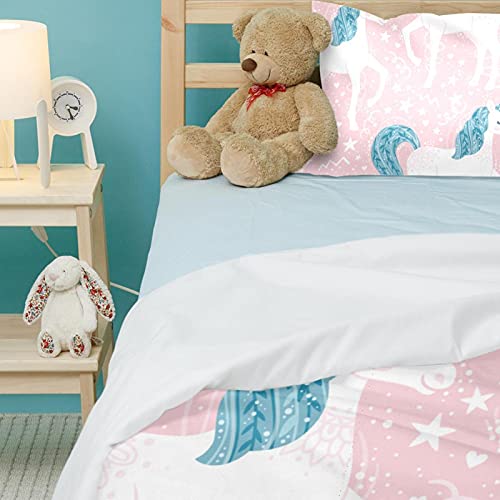 Housse de couette licorne et taie d'oreiller rose anti-plis