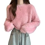 [1/2plus] ニブンノイチプラス セーター ニット ショート 丈 モヘア ファジー もこもこ ふわふわ シャギー ラウンド 丸首 レディース (ピンク.XL)