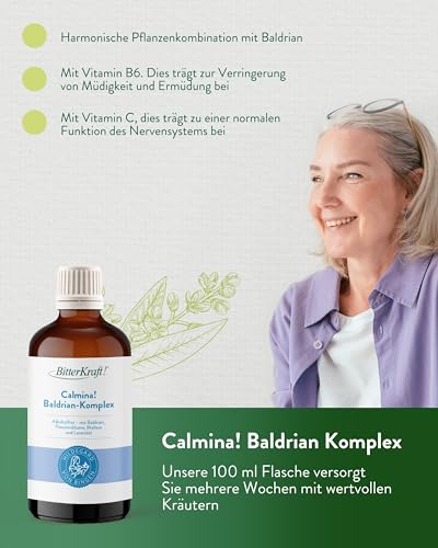 Calmina! Baldrian-Komplex 100 ml – Tropfen mit Baldrian, Hopfen & Lavendel + Vitamine – Schlaf-Tropfen - entspannend - vegan & alkoholfrei – 100% Natur - Made in Germany