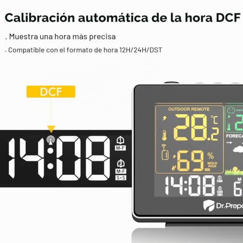 Miniatura 5 de Dr.Prepare Despertador Proyector Techo Estación Meteorológica Reloj Despertador De Proyección Con Sensor Externo Enfoque Ajustable Función De Previsión Meteorológica Doble Alarma Para Dormitorio