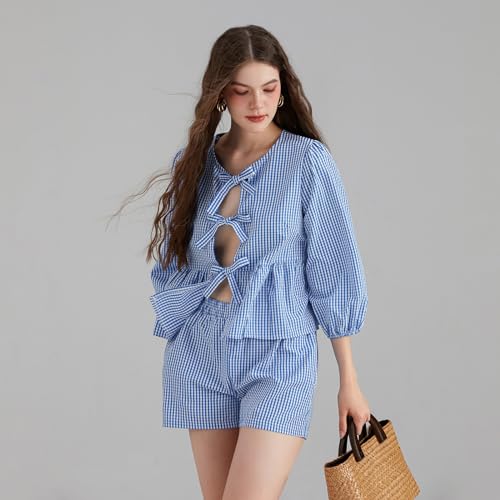 Image of Yuemengxuan Women Y2k Two Piece Plaid Lounge Sets Puff Sleeve Tie front Blouse Top High Waist Shorts Casual Pajamas Sets
