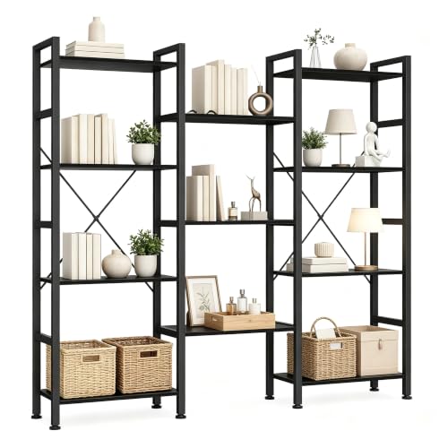 Image of HealSmart Triple Column 4 Tier Bookshelf, Industrial Bookcase with 11 Open Display Adjustable Shelves, Wide Convertible Display Modern Bookshelf for Living Room & Home Office, Black