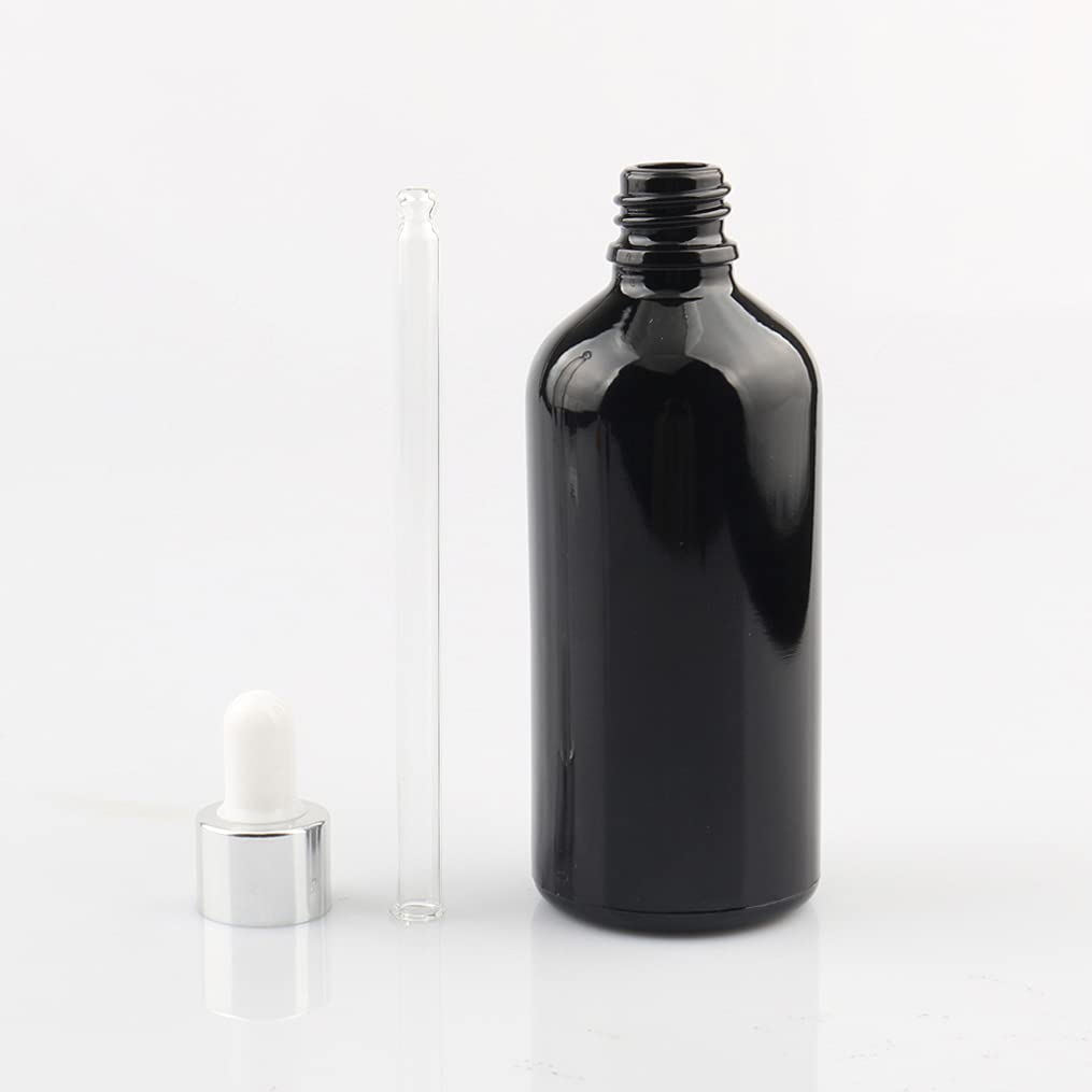 12 Pieza,Botella de Aceite Esencial Negro brillante de 100 Ml, Fácil de Llenar, Botellas de Cristal con anillo de Plata y pipeta,para Aceite Esencial, Masaje,Fragancia, Aromaterapia