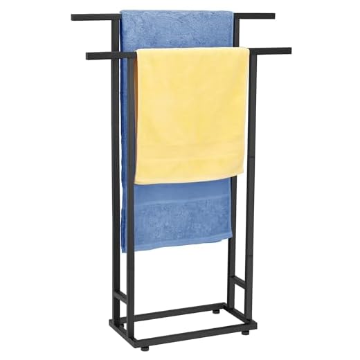 Standing Towel Racks for Bathroom, 2 Tier Bathroom Floor Free Standing Towel Rack, Tall Enough Pool Bath Drying and Dispaly Outdoor Stand for Storage, Black Freestanding Blanket Holder, ALHAKIN
