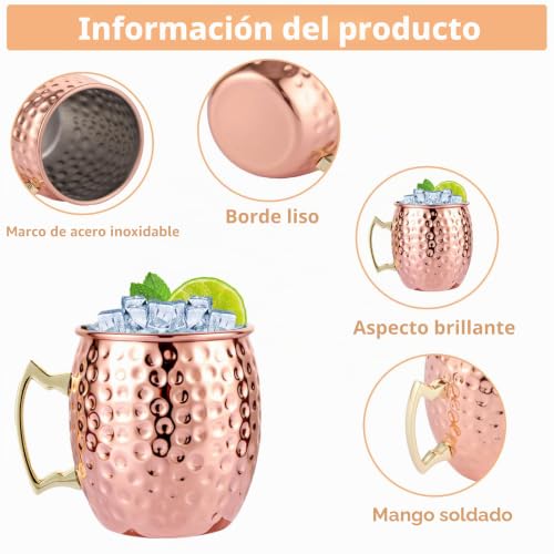 Miniatura 4 de Zofun Juego De 4 Tazas De Cobre Moscow Mule De 530 Ml Con Pajitas - Set De Regalo Para Bebidas Frías, Vino, Bar Y Fiesta
