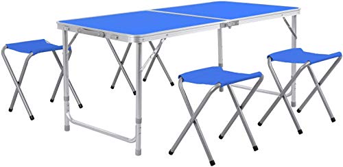 TLGREEN Mesa de camping plegable con 4 sillas, de aluminio, altura regulable, 120 x 60 x 70 cm, multifuncional, resistente a la intemperie, mesa plegable, mesa plegable estable, color azul
