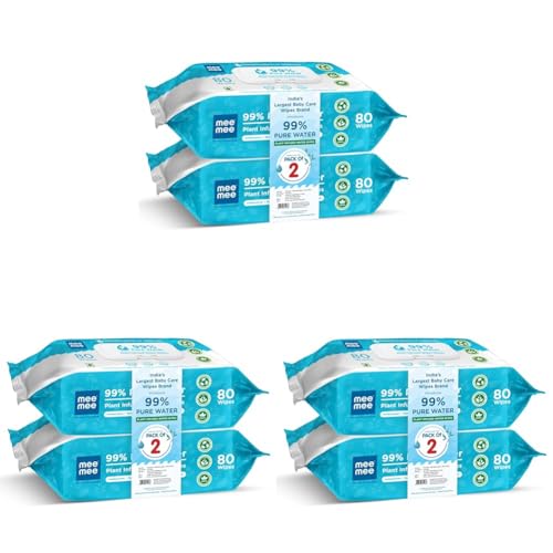 Image of Mee Mee Pure Water Wet Wipes with Lid 80 pcs x 2 (160 pcs) - Unscented, Plant Derived, Super Thick Baby Wipes | Gentle for Sensitive Skin (Pack of 3)